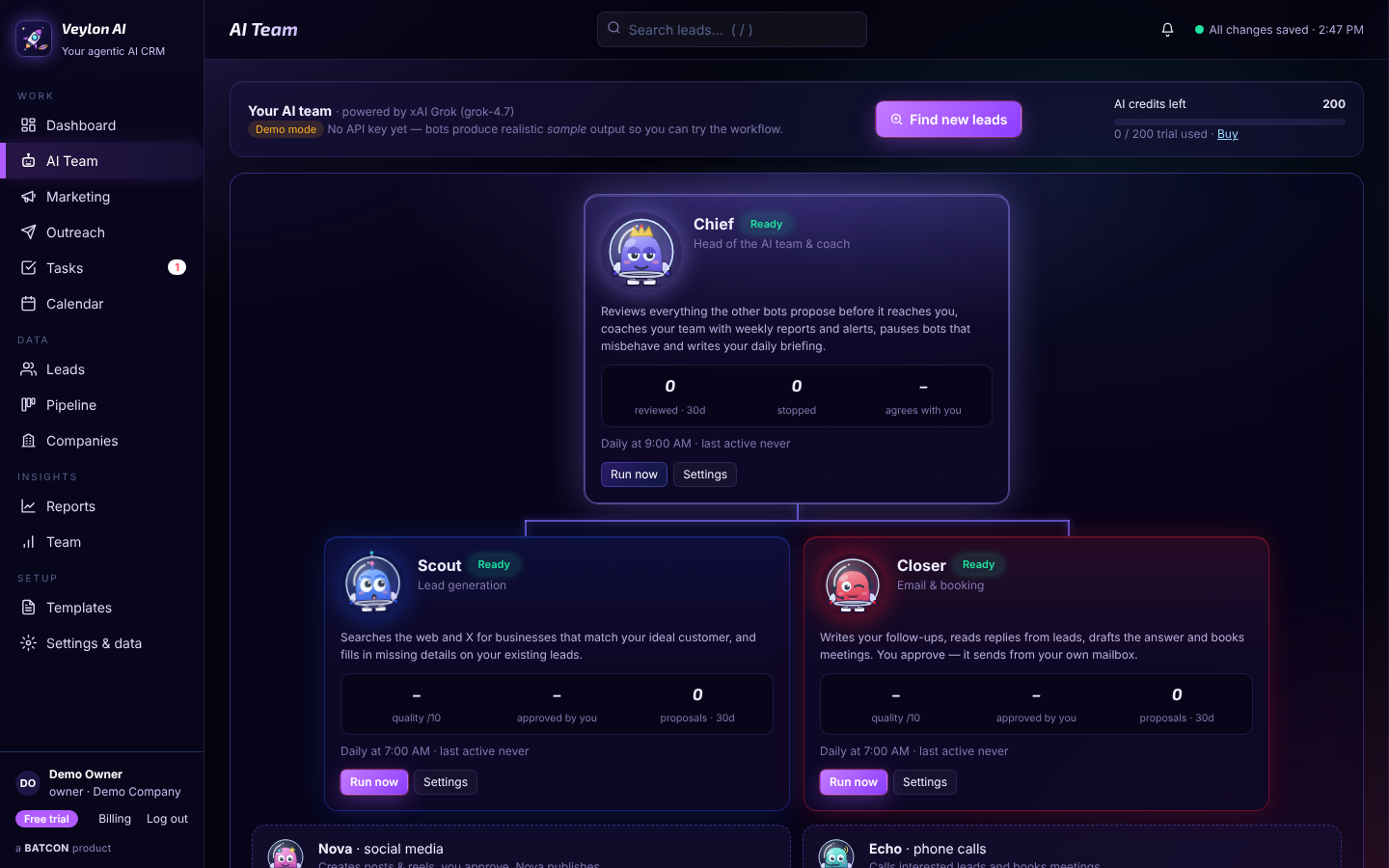 Veylon AI team: Chief supervising Scout, Closer, Nova and Echo